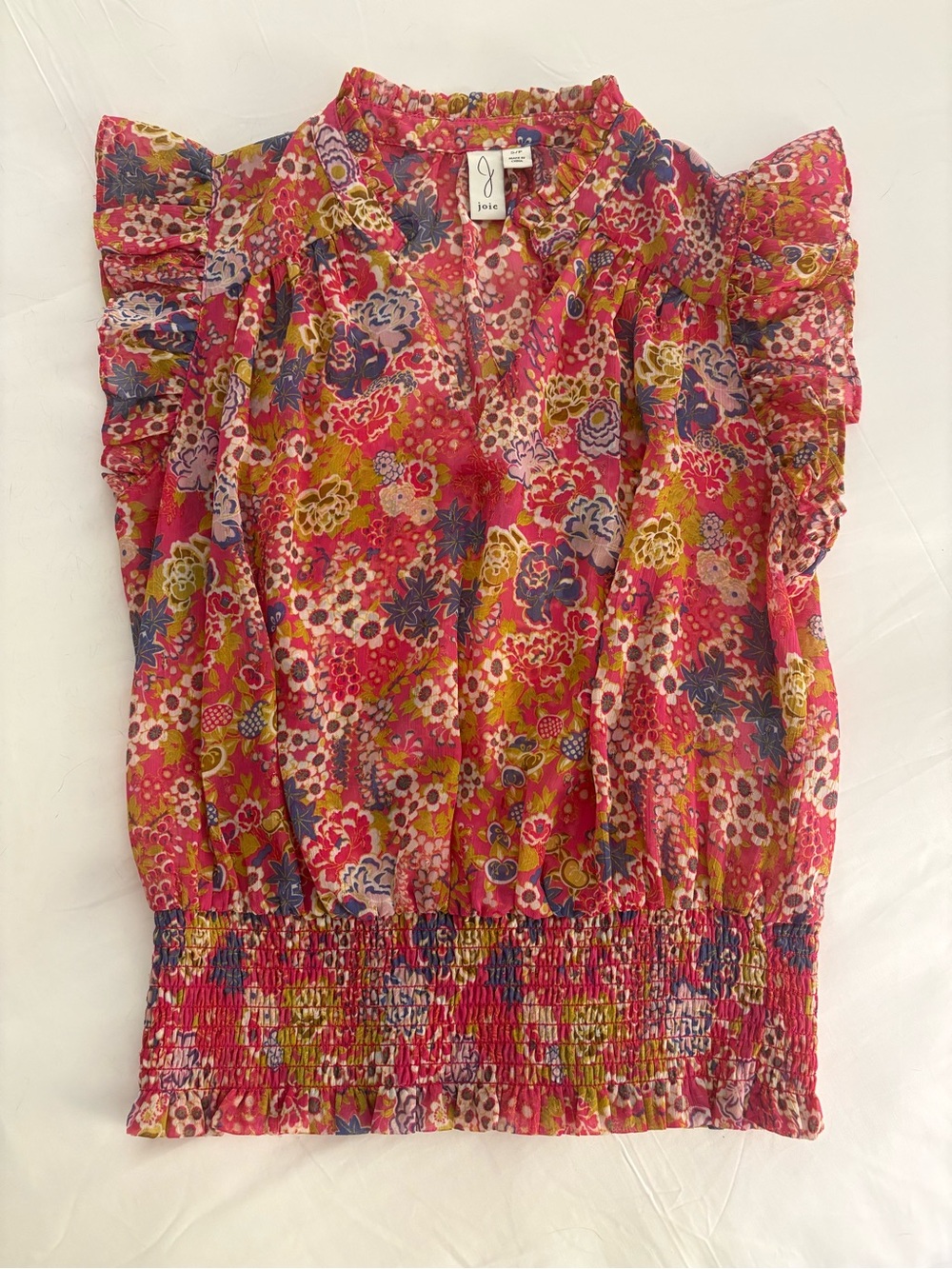 Joie Floral Ruffle Sleeve Smocked Hem Blouse in Pink Multi